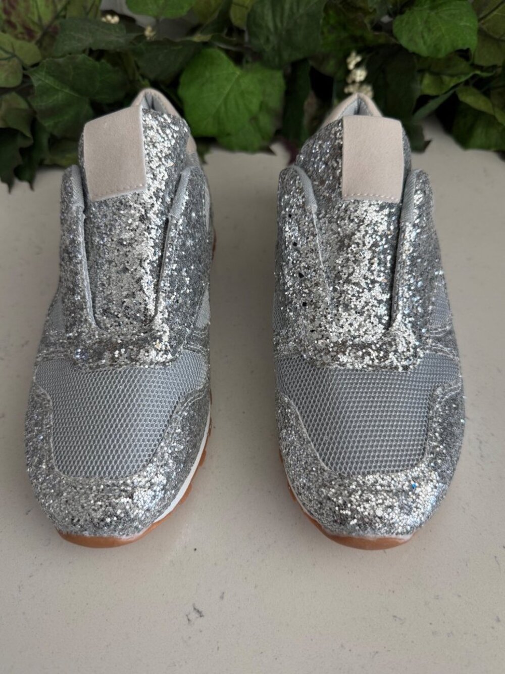 Silver Glitter Slip-On Sneakers Womens Size 38 With Mesh Upper & Textured Rubber